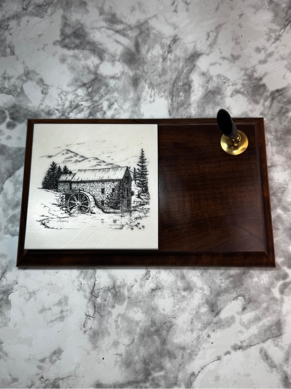 Wood Office Desk Accent with Brass Pen Holder Wood Marble Art Desktop Accessory